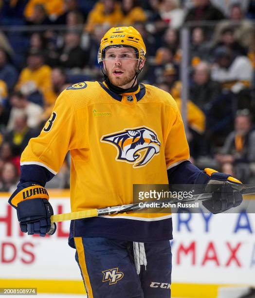 Jeremy Lauzon of the Nashville Predators skates against the Arizona Coyotes during an NHL game at Bridgestone Arena on February 10, 2024 in...
