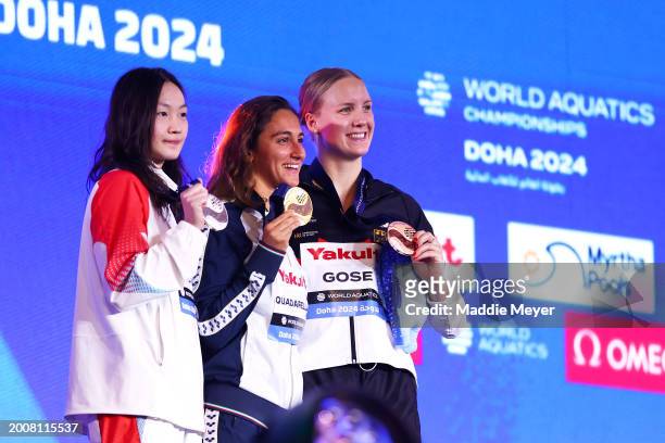 Silver Medalist, Bingjie Li of Team People's Republic of China, Gold Medalist, Simona Quadarella of Team Italy, and Bronze Medalist, Isabel Gose of...