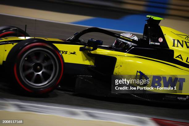 Kush Maini of India and Invicta Racing drives on track during day three of Formula 2 Testing at Bahrain International Circuit on February 13, 2024 in...