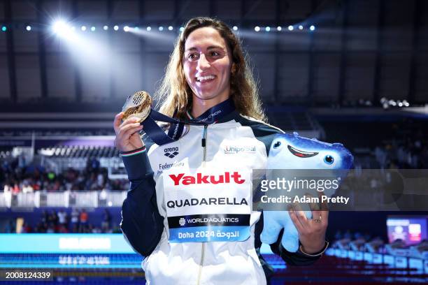 Gold Medalist, Simona Quadarella of Team Italy poses with her medal after the Medal Ceremony for the Women's 1500m Freestyle Final on day twelve of...