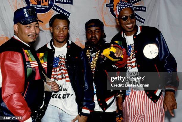 American rappers Fresh Kid Ice , Brother Marquis , DJ Mr. Mixx and Luke Skyywalker , of the American hip hop group 2 Live Crew, pose for a group...