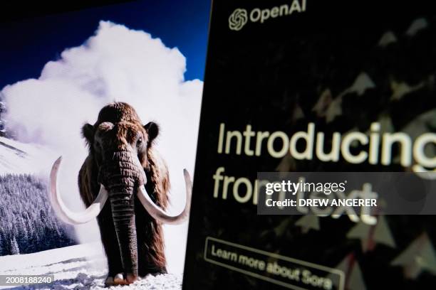 In this photo illustration, a video created by Open AI's newly released text-to-video "Sora" tool plays on a monitor in Washington, DC on February...