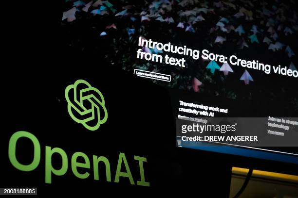 In this photo illustration, Open AI's newly released text-to-video "Sora" tool is advertised on their website on a monitor in Washington, DC, on...