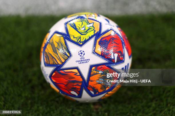 Detailed view of an adidas Finale London official match ball on pitch prior to the UEFA Champions League 2023/24 round of 16 first leg match between...