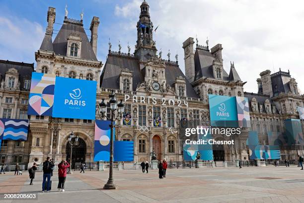 The logo, Paris 2024 representing the Olympic Games, several months prior to the start of the Paris 2024 Olympic and Paralympic Games is displayed on...