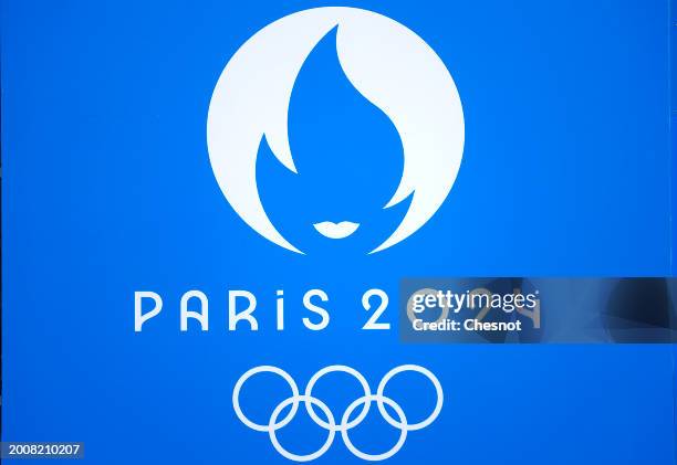 The logo, Paris 2024 representing the Olympic Games, several months prior to the start of the Paris 2024 Olympic and Paralympic Games is displayed on...