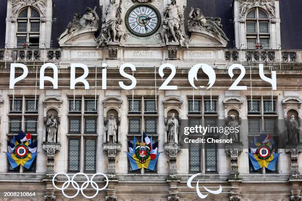 The logo, Paris 2024 representing the Olympic Games, several months prior to the start of the Paris 2024 Olympic and Paralympic Games is displayed on...