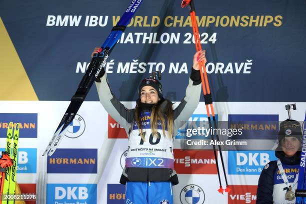 Gold medalist Lisa Vittozzi of Italy celebrates on the podium after competing in Women's 15k Individual at the IBU World Championships Biathlon Nove...