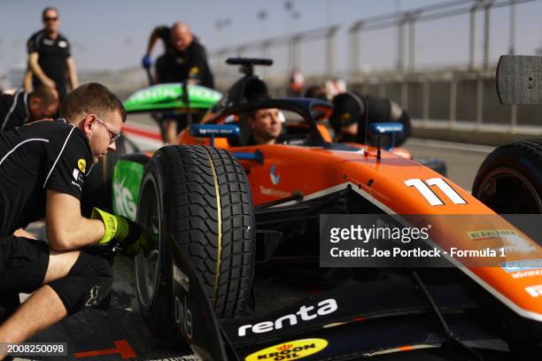 Motorsport team members practice pitstops with the car of Dennis Hauger of Norway and MP Motorsport during day three of Formula 2 Testing at Bahrain...