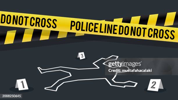 stockillustraties, clipart, cartoons en iconen met police barricade tapes on crime scene - asfalt