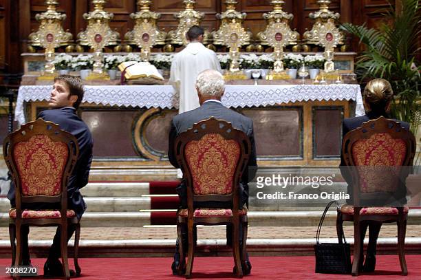 Emanuele Filiberto , his father Prince Victor Emmanuel , head of the royal House of Savoy, and his mother Princess Marina Doria attend a mass at the...