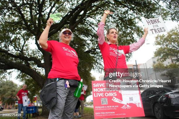 Becky Jasso, left, and Michell Boushard hold up signs and wave to motorists as area residents protest the city of Houstons plan to remove Live Oak...