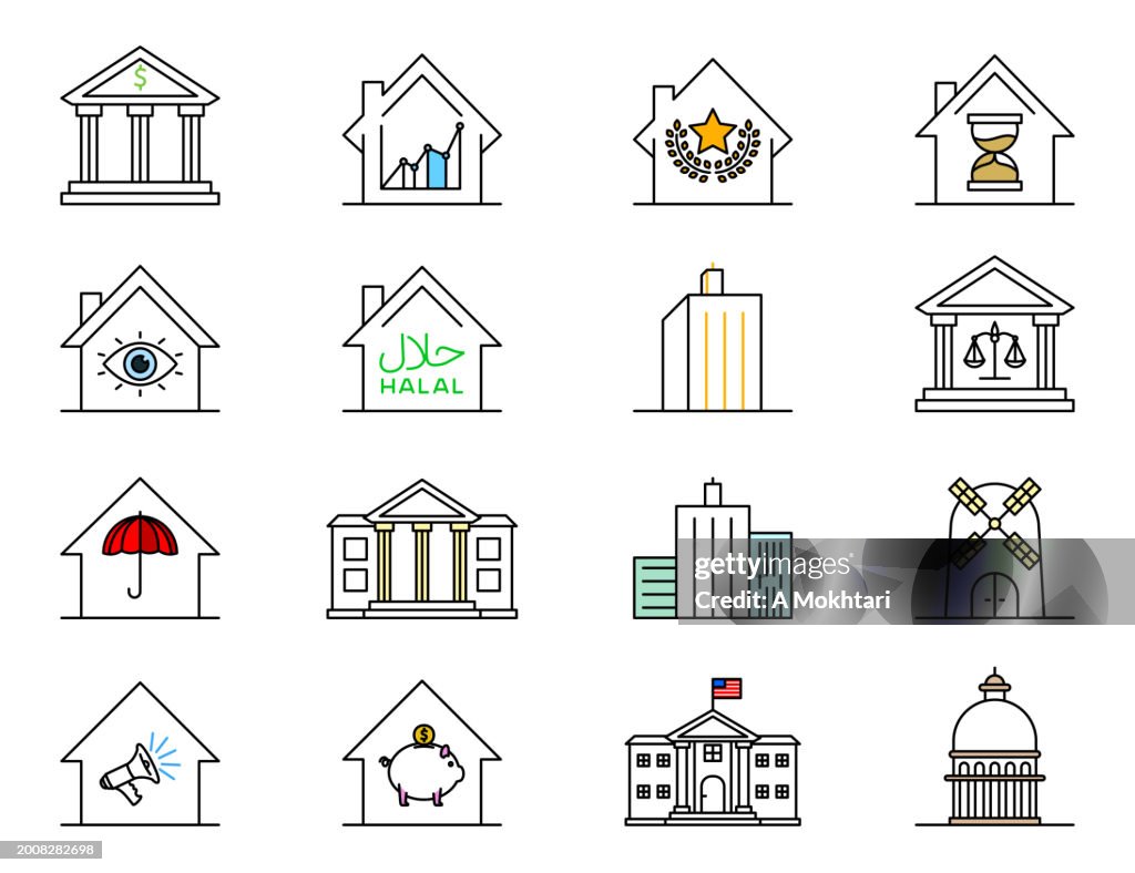 Set of colored houses and buildings icon.