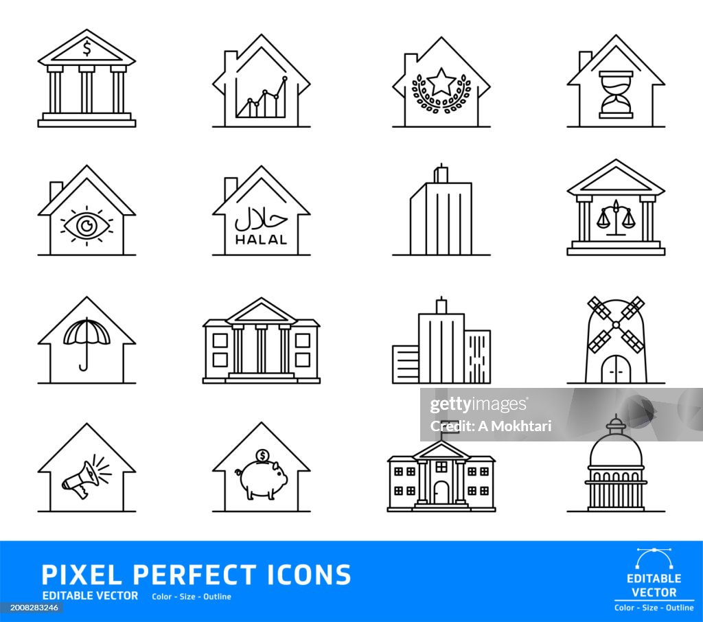 Line icons of houses and buildings.