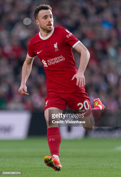 Diogo Jota o Liverpool in action during the Premier League match between Liverpool FC and Burnley FC at Anfield on February 10, 2024 in Liverpool,...