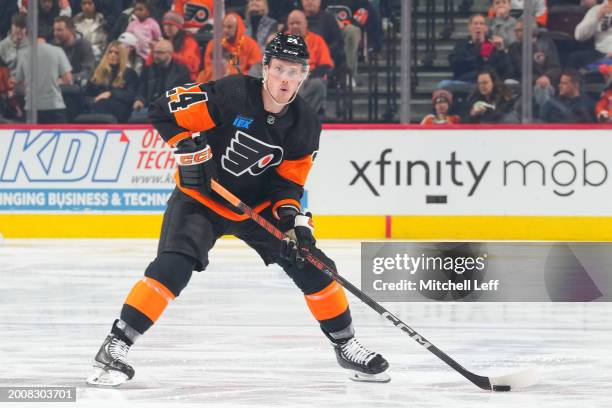 Nick Seeler of the Philadelphia Flyers controls the puck against the Arizona Coyotes at the Wells Fargo Center on February 12, 2024 in Philadelphia,...