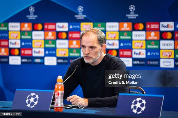 Thomas Tuchel, head coach of FC Bayern Muenchen, speaks during a press conference at Stadio Olimpico on February 13, 2024 in Rome, Italy.