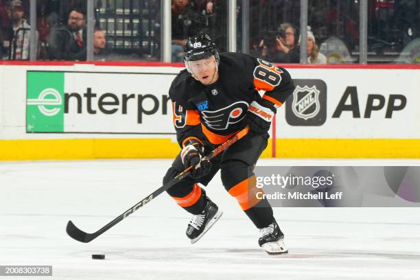 Cam Atkinson of the Philadelphia Flyers controls the puck against the Arizona Coyotes at the Wells Fargo Center on February 12, 2024 in Philadelphia,...