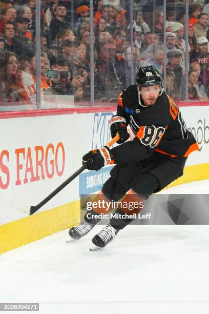 Joel Farabee of the Philadelphia Flyers in action against the Arizona Coyotes at the Wells Fargo Center on February 12, 2024 in Philadelphia,...