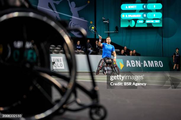 Ruben Spaargaren of the Netherlands plays a forehand in his wheelchair men's singles quarter final match against Alfie Hewett of Great Britain during...