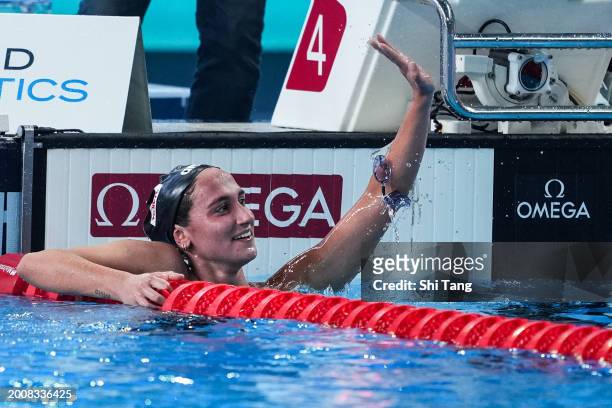 Simona Quadarella of Team Italy celebrates the victory in the Women's 1500m Freestyle Final on day twelve of the Doha 2024 World Aquatics...
