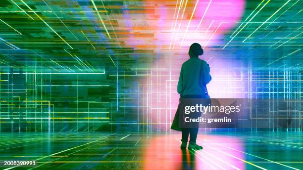 casual woman standing in vr environment - bright purses stock pictures, royalty-free photos & images