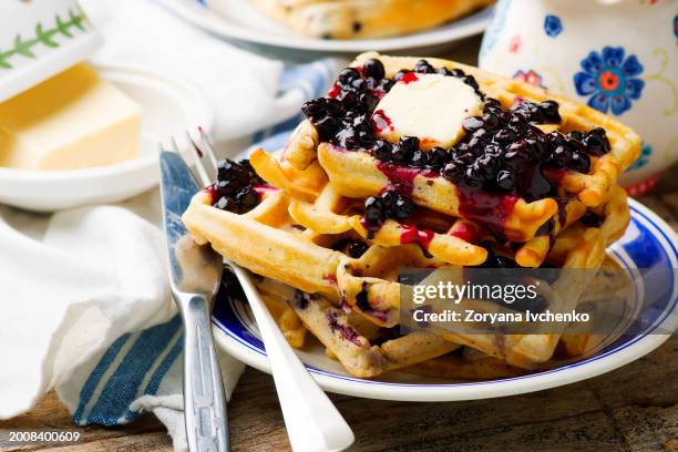 blueberry greek yogurt waffles - waffle stock pictures, royalty-free photos & images