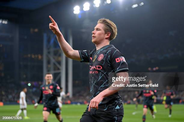 Kevin De Bruyne of Manchester City celebrates scoring his team's first goal during the UEFA Champions League 2023/24 round of 16 first leg match...