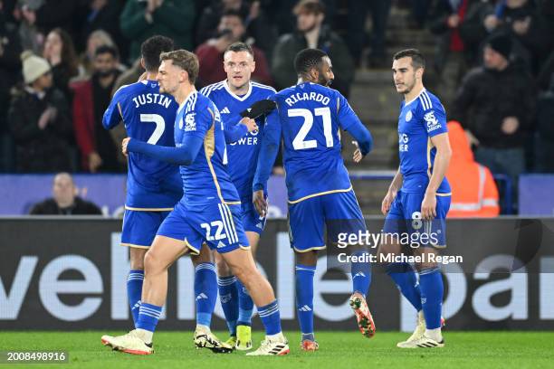Jamie Vardy of Leicester City celebrates with teammates after scoring his team's second goal during the Sky Bet Championship match between Leicester...