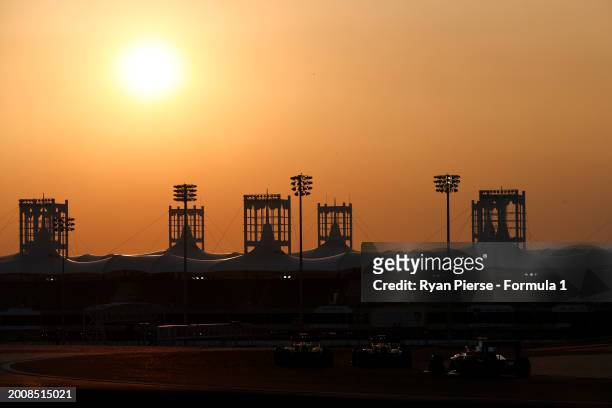 General view of track action as the sun sets during day three of Formula 3 Testing at Bahrain International Circuit on February 13, 2024 in Bahrain,...