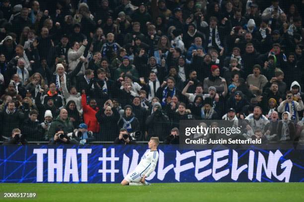 Magnus Mattsson of FC Copenhagen celebrates after scoring his team's first goal during the UEFA Champions League 2023/24 round of 16 first leg match...