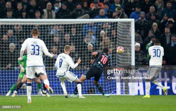 Magnus Mattsson of FC Copenhagen scores his team's first goal during the UEFA Champions League 2023/24 round of 16 first leg match between F.C....