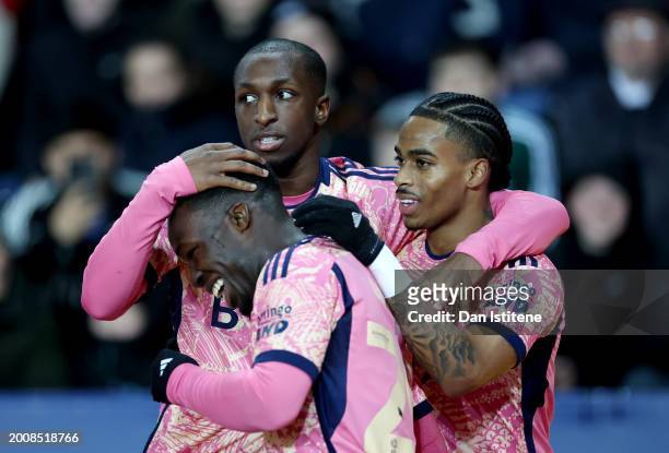 Crysencio Summerville of Leeds United celebrates scoring his team's first goal with team mates Glen Kamara and Wilfried Gnonto during the Sky Bet...