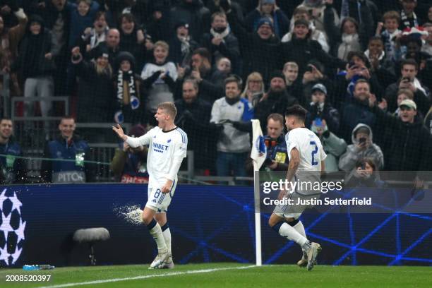 Magnus Mattsson of FC Copenhagen celebrates after scoring his team's first goal during the UEFA Champions League 2023/24 round of 16 first leg match...