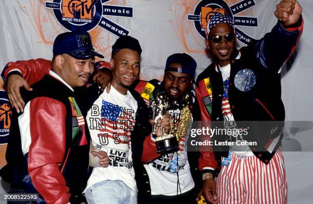 American rappers Fresh Kid Ice , Brother Marquis , DJ Mr. Mixx and Luke Skyywalker , of the American hip hop group 2 Live Crew, pose for a group...