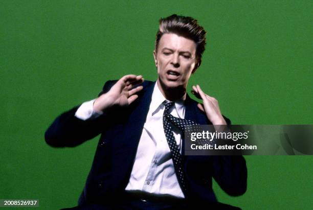 English singer David Bowie performs on the set of his music video 'Jump They Say' in Los Angeles, California, March 1993.