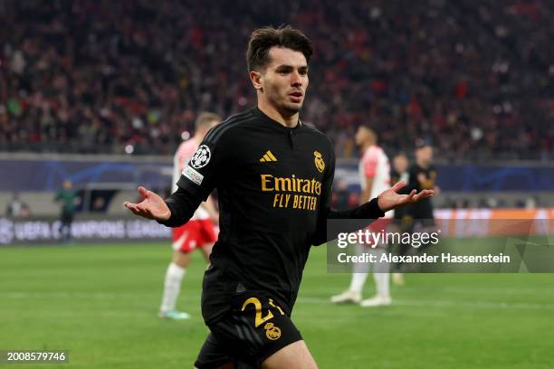 Brahim Diaz of Real Madrid celebrates scoring his team's first goal during the UEFA Champions League 2023/24 round of 16 first leg match between RB...