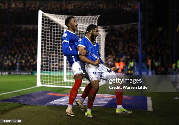 Myles Peart-Harris of Portsmouth celebrates scoring his teams second goal during the Sky Bet League One match between Portsmouth and Cambridge United...