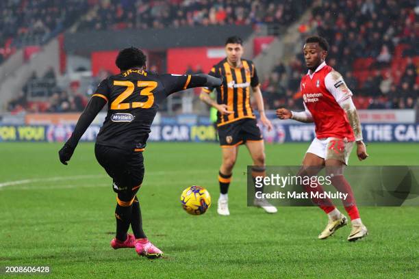 Jaden Philogene-Bidace of Hull City scores his team's first goal with a rabona during the Sky Bet Championship match between Rotherham United and...