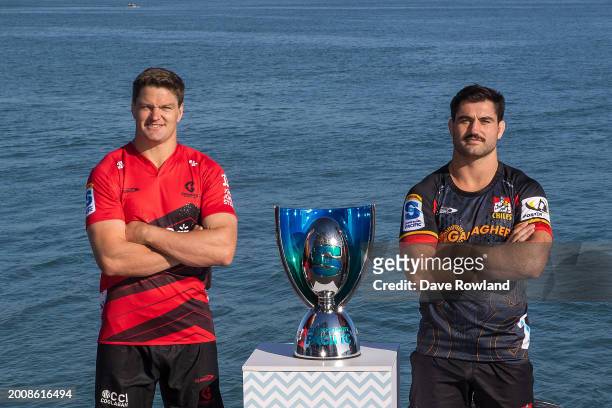 Crusaders captain Scott Barrett and Chiefs captain Luke Jacobson at the 2024 Super Rugby Pacific Season Launch on February 14, 2024 in Auckland, New...