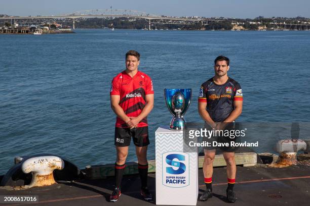 Crusaders captain Scott Barrett and Chiefs captain Luke Jacobson at the 2024 Super Rugby Pacific Season Launch on February 14, 2024 in Auckland, New...