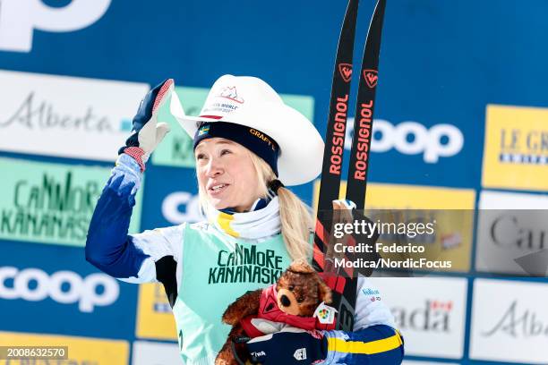 Jonna Sundling of Sweden on the podium in third place after the FIS World Cup Cross - Country Canmore - Individual Sprint on February 13, 2024 in...