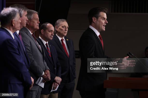Rep. Matt Gaetz speaks as other caucus members listen during a news conference at the U.S. Capitol on February 13, 2024 in Washington, DC. The House...