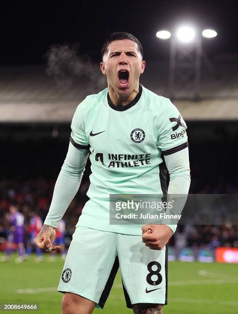 Enzo Fernandez of Chelsea celebrates scoring the third goal during the Premier League match between Crystal Palace and Chelsea FC at Selhurst Park on...