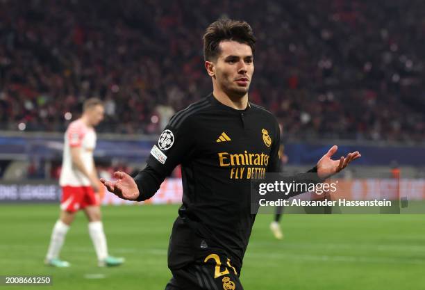 Brahim Diaz of Real Madrid celebrates scoring his team's first goal during the UEFA Champions League 2023/24 round of 16 first leg match between RB...