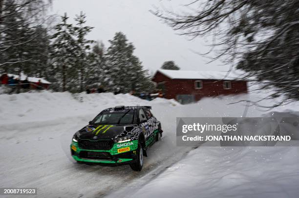 Oliver Solberg of Sweden and his co-driver Elliott Edmondson of Great Britain steer their Skoda Fabia RS during the Floda, 4th stage of the Rally...