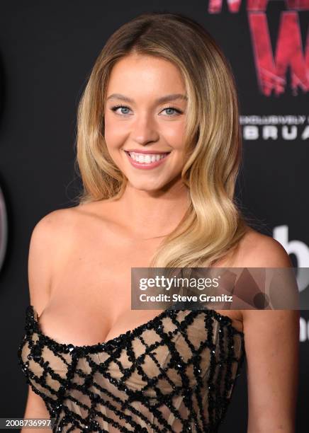 Sydney Sweeney arrives at the World Premiere Of Sony Pictures' "Madame Web" at Regency Village Theatre on February 12, 2024 in Los Angeles,...