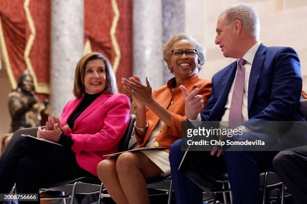 Former Clerk of the House of Representatives Cheryl Johnson is joined by former Speakers of the House Rep. Nancy Pelosi and Kevin McCarthy during a...