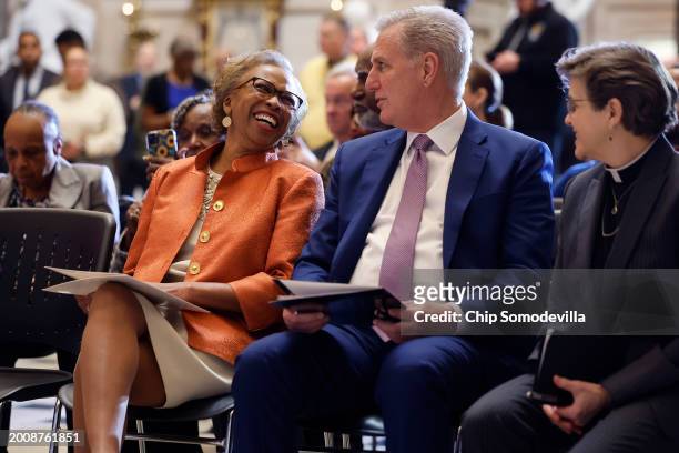 Former Clerk of the House of Representatives Cheryl Johnson visits with former Speaker of the House Kevin McCarthy before she is honored with the...