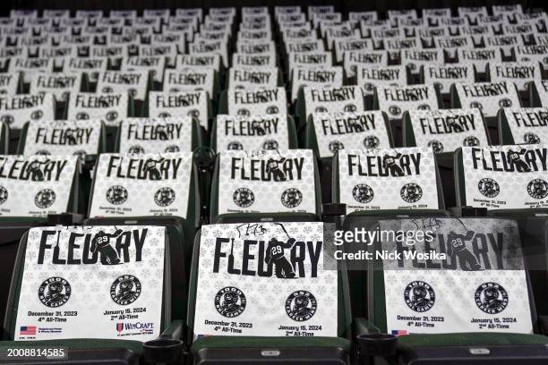 Towels commemorating the 1000th career game and 552nd career win of Marc-Andre Fleury of the Minnesota Wild adorn the seats at Excel Energy Center...